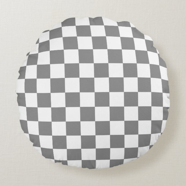 Ash Grey White Checkered Check Pattern Round Pillow (Front)