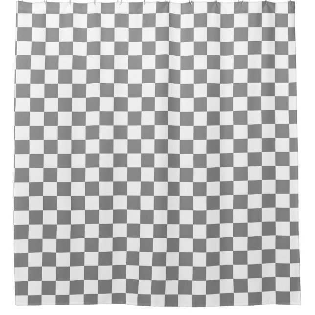 Ash Grey White Checkered Check Pattern Shower Curtain (Front)