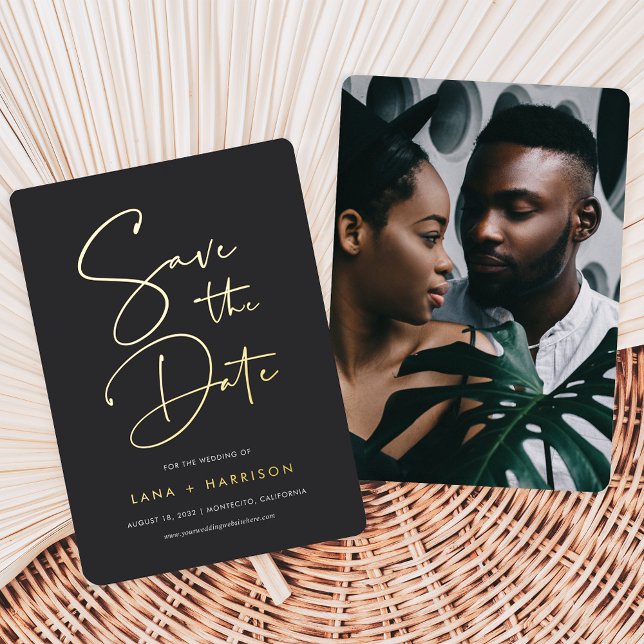 Ash | Modern Minimal Script Photo Save the Date Foil Invitation (Creator Uploaded)