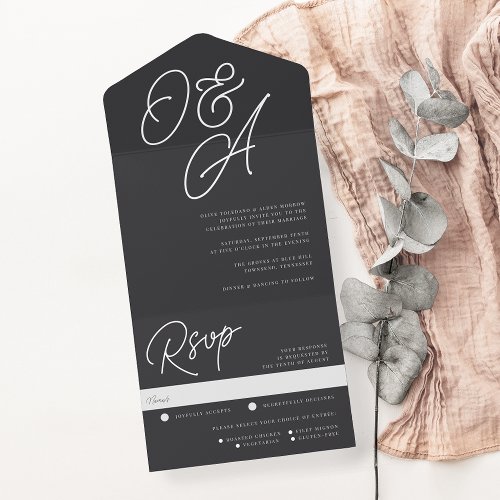 Ash  Script Watermark Monogram Wedding All In One Invitation