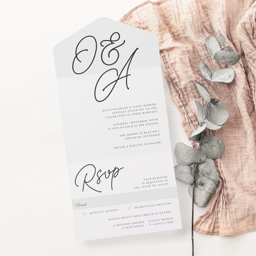 Ash  Script Watermark Monogram Wedding All In One Invitation