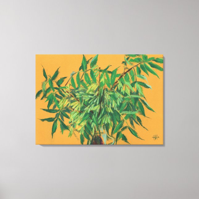 Ash-Tree, Green Leaves Floral Art Painting Yellow Canvas Print (Front)