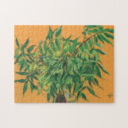 Ash_Tree Green Leaves Floral Art Painting Yellow Jigsaw Puzzle