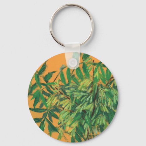Ash_Tree Green Leaves Floral Art Painting Yellow Keychain
