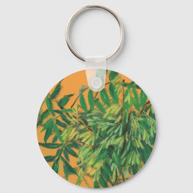 Ash-Tree, Green Leaves Floral Art Painting Yellow Keychain (Front)