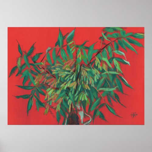 Ash_Tree  Summer Leaves Floral Art Red Green Poster