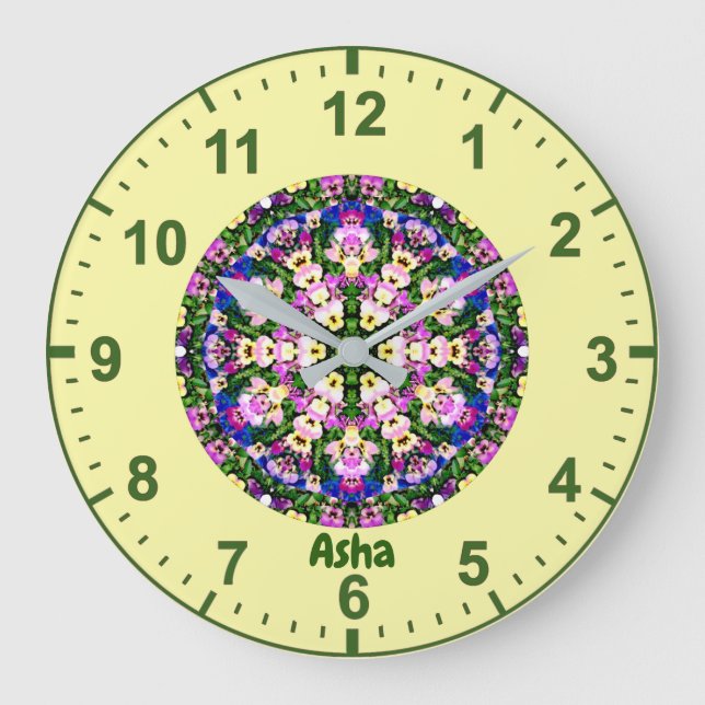 ASHA ~WOW! Multicoloured Miniature Pansies Yellow  Large Clock (Front)