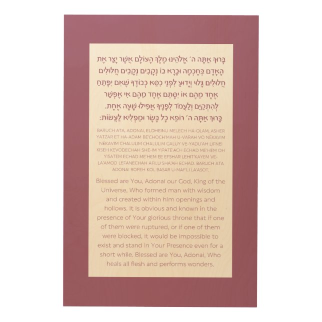 Asher Yatzar Hebrew Blessing Dusty Pink  Wood Wall Art (Front)