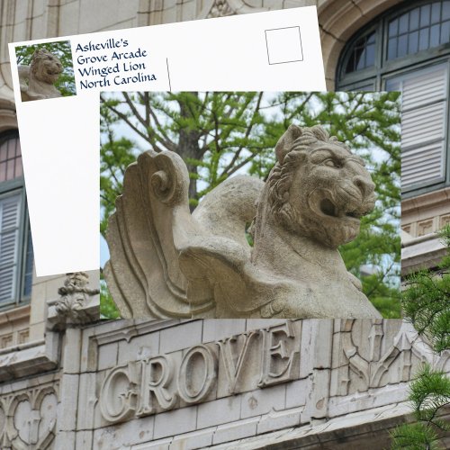 Asheville Winged Lion Statue Historic Grove Arcade Postcard