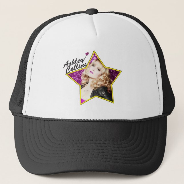 Ashley Collins Black and White Star Hat. Trucker Hat (Front)
