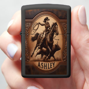Ashley Cowgirl Riding Horse With Lasso Zippo Lighter