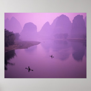 Asia, China, Guanxi, Yangshou. Fishermen on raft Poster