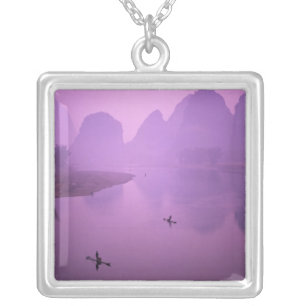 Asia, China, Guanxi, Yangshou. Fishermen on raft Silver Plated Necklace