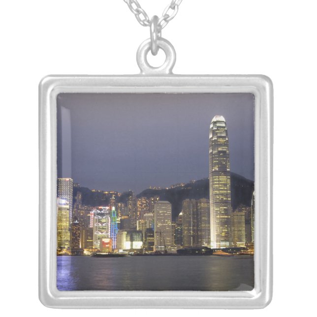 Asia, China, Hong Kong, city skyline and 2 Silver Plated Necklace (Front)