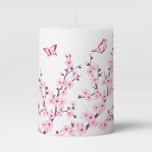 Asia Floral Cherry Blossoms Pink White Pillar Candle