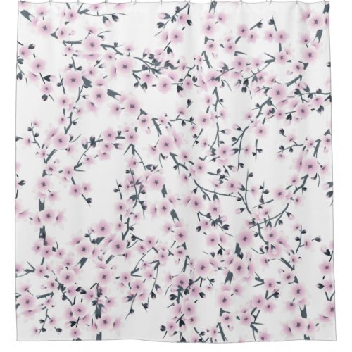 Asia Floral Pink White Cherry Blossoms Pattern Shower Curtain