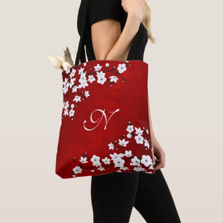 Asia Floral Red White Cherry Blossom Monogram Tote Bag
