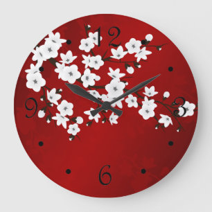 Asia Floral Red White Cherry Blossom Oriental Large Clock