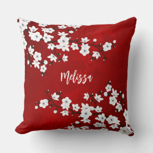 Asia Floral White Cherry Blossom Red Add Name Throw Pillow