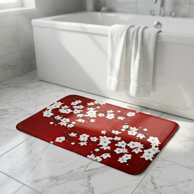 Asia Floral White Cherry Blossom Red Bath Mat (Creator Uploaded)