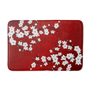 Asia Floral White Cherry Blossom Red Bath Mat