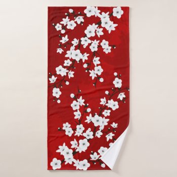 Asia Floral White Cherry Blossom Red Bath Towel by NinaBaydur at Zazzle