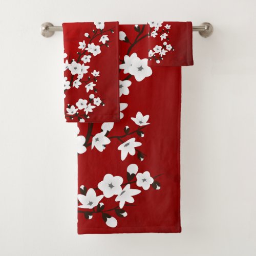 Asia Floral White Cherry Blossom Red Bath Towel Set