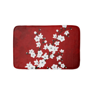 Asia Floral White Cherry Blossom Red Bathroom Mat