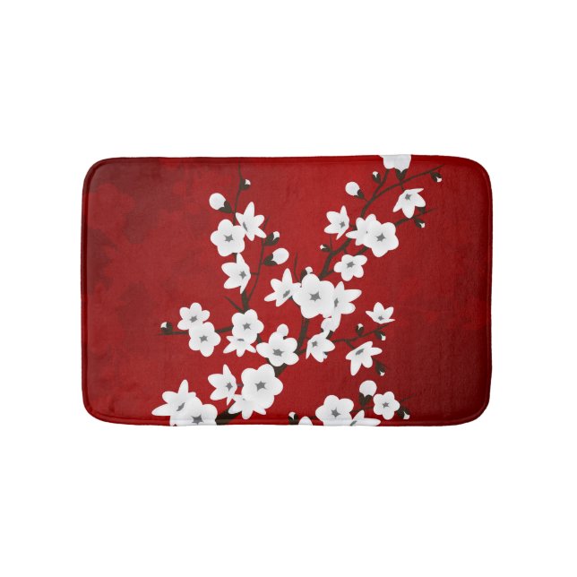 Asia Floral White Cherry Blossom Red Bathroom Mat (Front)