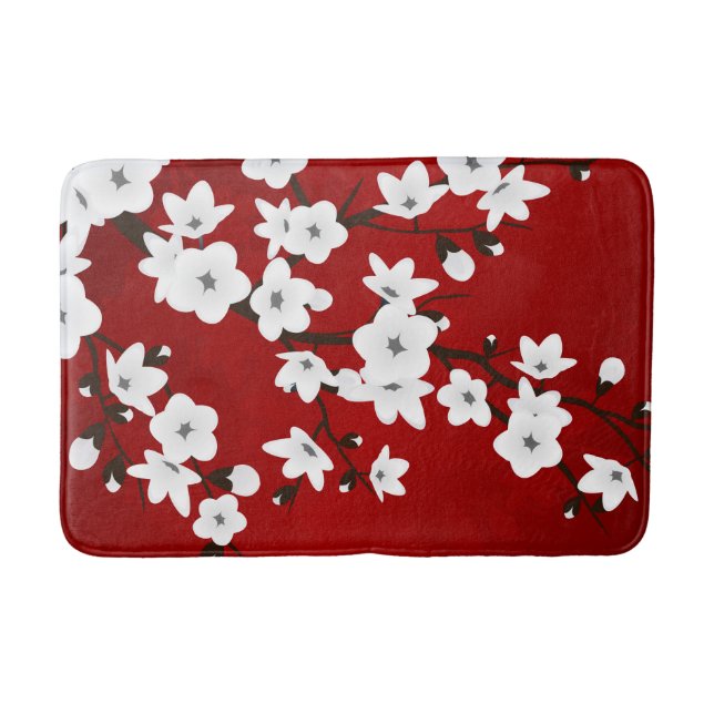 Asia Floral White Cherry Blossom Red Bathroom Mat (Front)