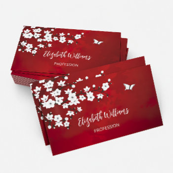 Asia Floral White Cherry Blossom Red Business Card by NinaBaydur at Zazzle