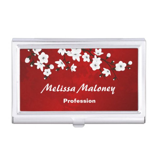 Asia Floral White Cherry Blossom Red Business Card Case