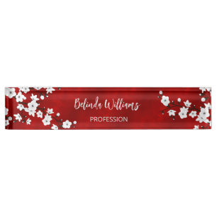 Asia Floral White Cherry Blossom Red Desk Name Plate