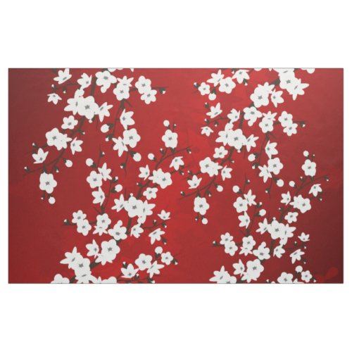 Asia Floral White Cherry Blossom Red Fabric