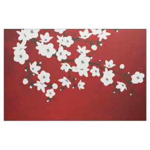 Asia Floral White Cherry Blossom Red Fabric
