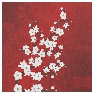 Asia Floral White Cherry Blossom Red Fabric