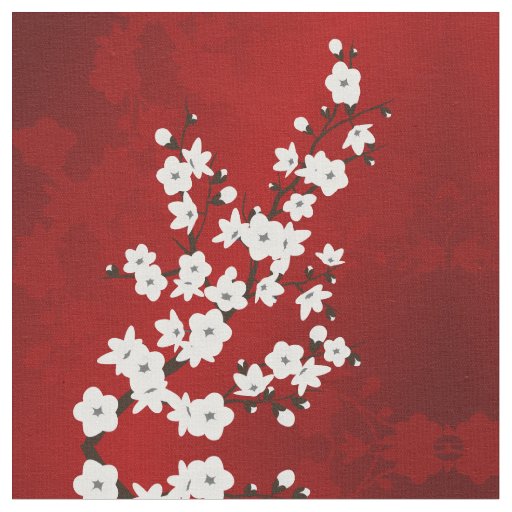 Asia Floral White Cherry Blossom Red Fabric