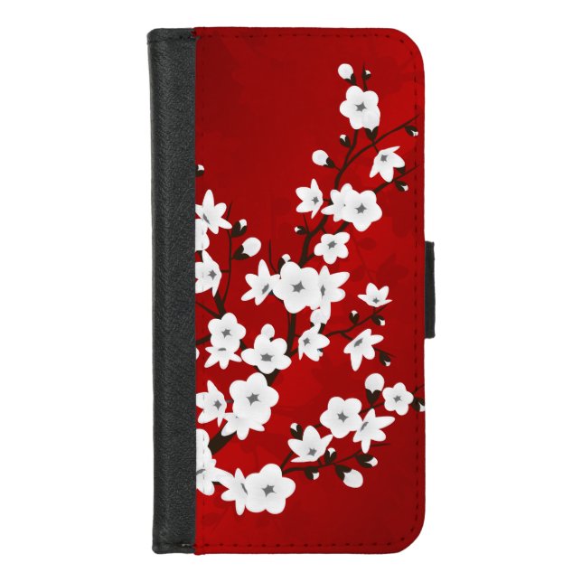Asia Floral White Cherry Blossom Red iPhone Wallet Case (Front)
