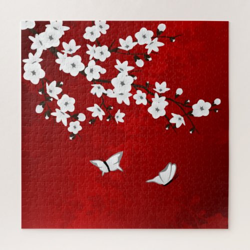 Asia Floral White Cherry Blossom Red Jigsaw Puzzle