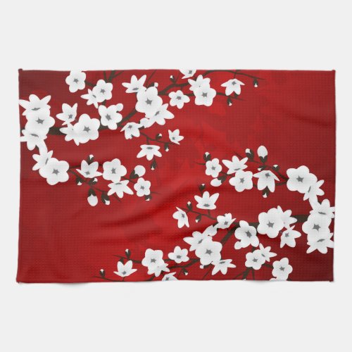 Asia Floral White Cherry Blossom Red Kitchen Towel