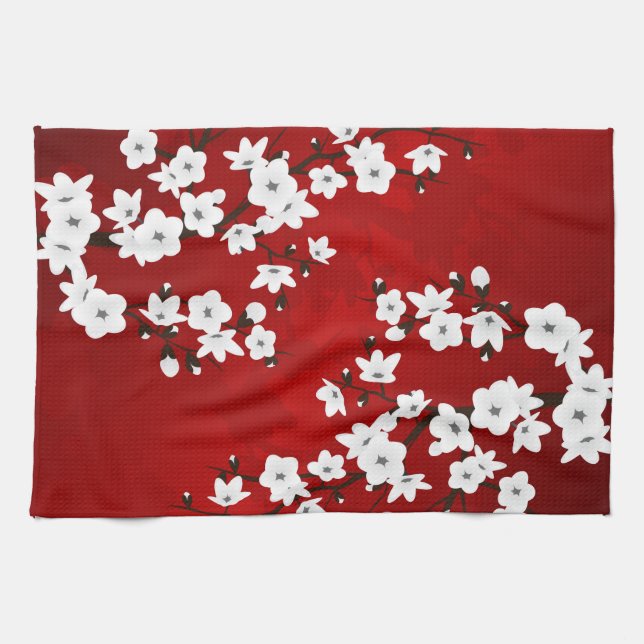 Asia Floral White Cherry Blossom Red Kitchen Towel (Horizontal)