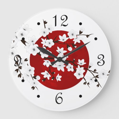 Asia Floral White Cherry Blossom Red Large Clock