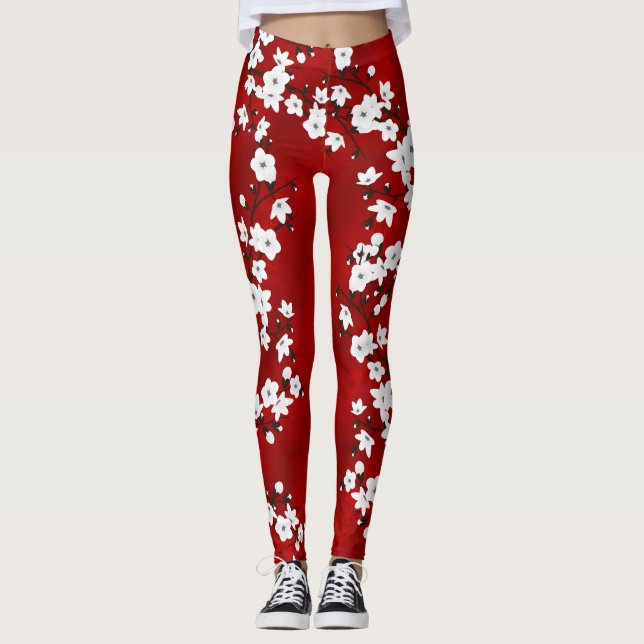 Asia Floral White Cherry Blossom Red Leggings (Front)