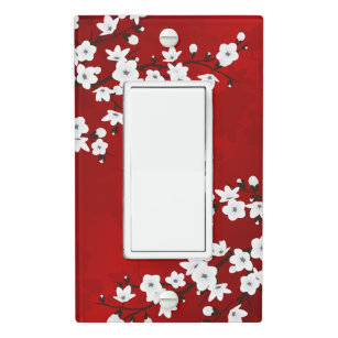 Asia Floral White Cherry Blossom Red Light Switch Cover