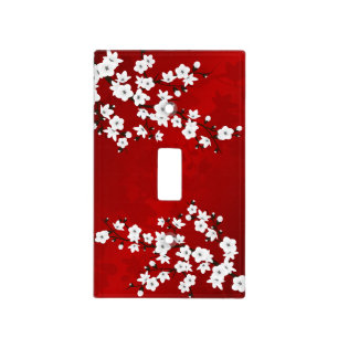 Asia Floral White Cherry Blossom Red Light Switch Cover