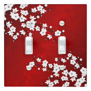 Asia Floral White Cherry Blossom Red Light Switch Cover