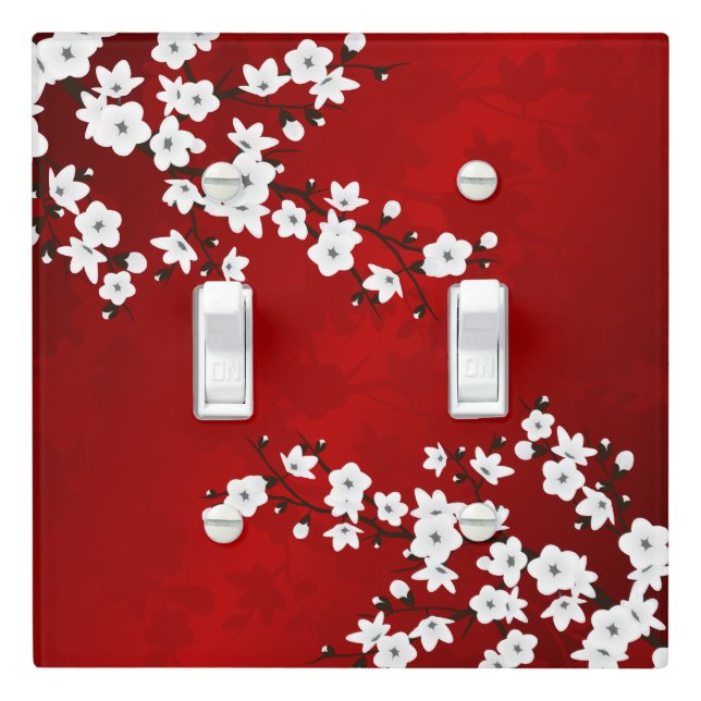 Asia Floral White Cherry Blossom Red Light Switch Cover (In Situ)