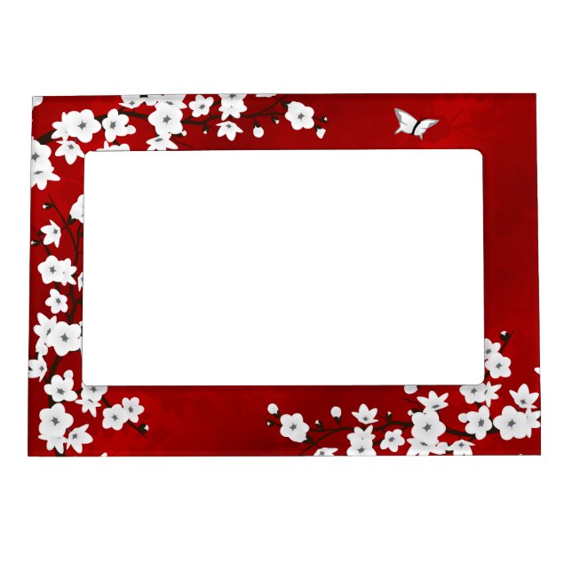 Asia Floral White Cherry Blossom Red Magnetic Frame (Front)