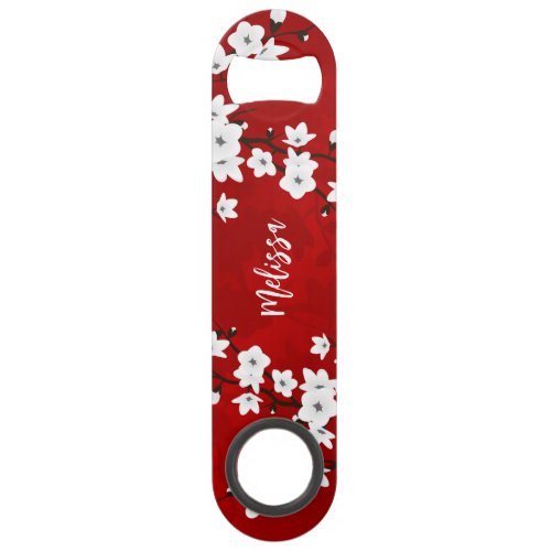 Asia Floral White Cherry Blossom Red Monogram Bar Key