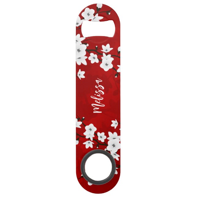 Asia Floral White Cherry Blossom Red Monogram Bar Key (Front)
